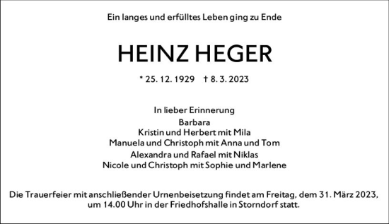Traueranzeige von Heinz Heger von VRM Trauer