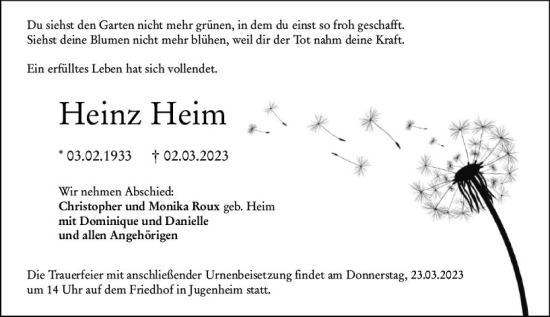 Traueranzeige von Heinz Heim von Darmstädter Echo