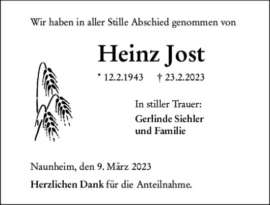 Traueranzeige von Heinz Jost von Wetzlarer Neue Zeitung