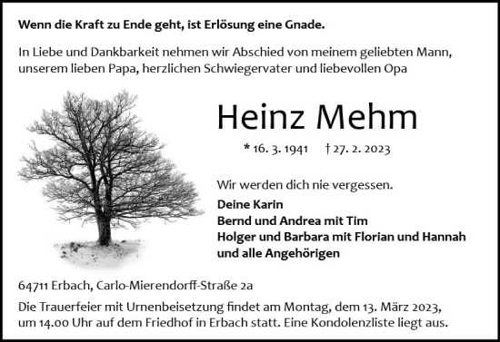 Traueranzeige von Heinz Mehm von Odenwälder Echo