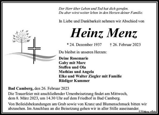 Traueranzeige von Heinz Menz von Camberger Anzeiger