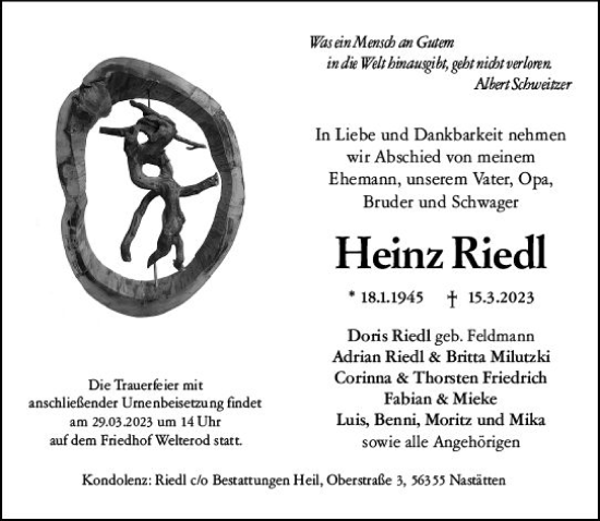 Traueranzeige von Heinz Riedl von Wiesbadener Kurier