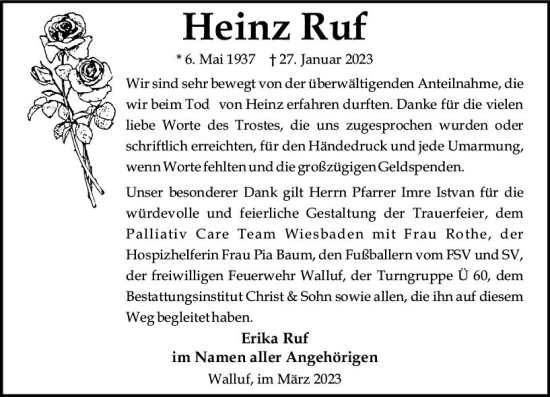Traueranzeige von Heinz Ruf von Wiesbadener Kurier