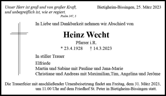 Traueranzeige von Heinz Wecht von Darmstädter Echo