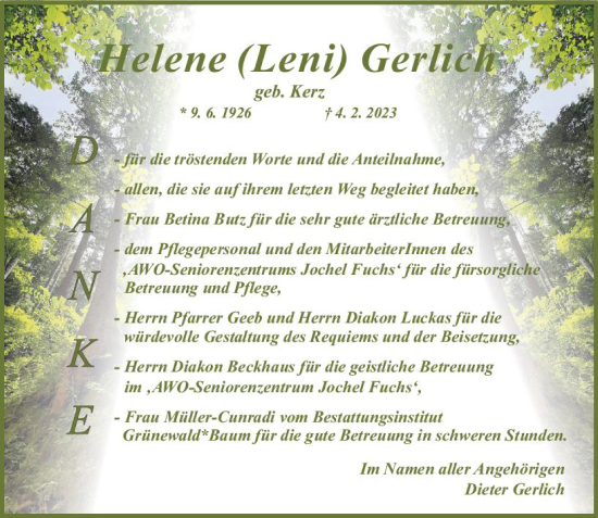 Traueranzeige von Helene Gerlich von Allgemeine Zeitung Mainz