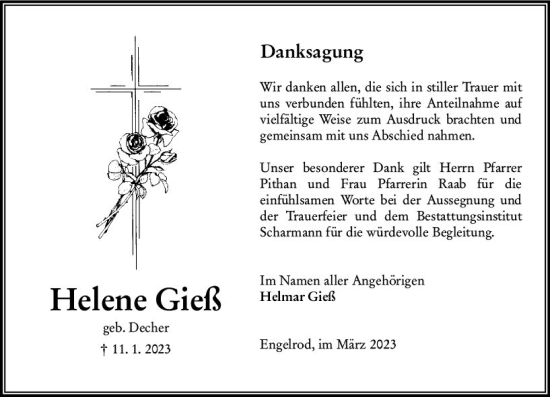 Traueranzeige von Helene Gieß von Oberhessen Kurier