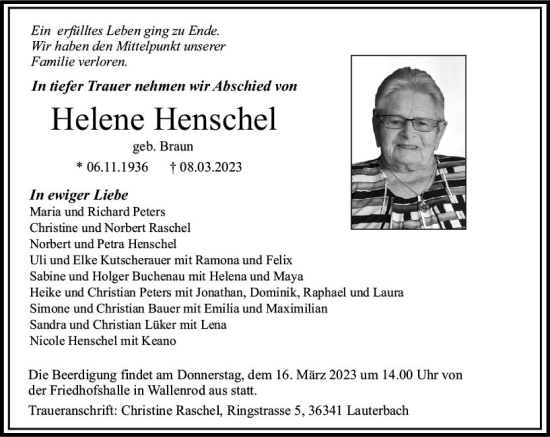 Traueranzeige von Helene Henschel von VRM Trauer