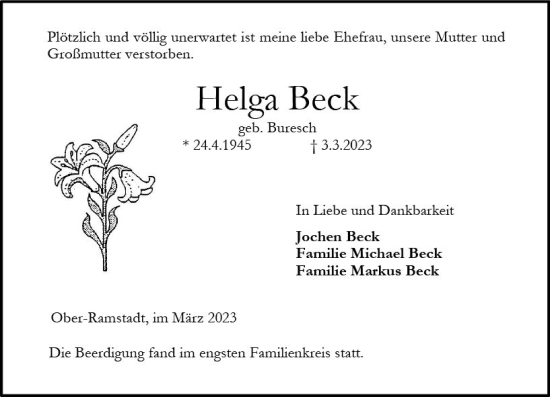 Traueranzeige von Helga Beck von Darmstädter Echo