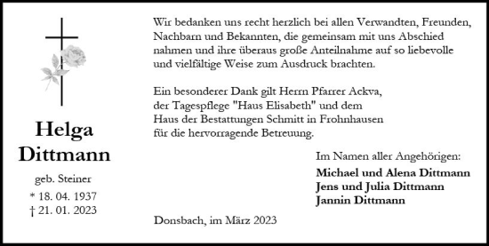 Traueranzeige von Helga Dittmann von Dill Block
