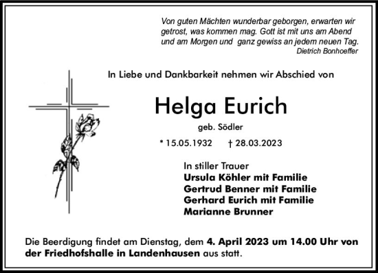 Traueranzeige von Helga Eurich von VRM Trauer