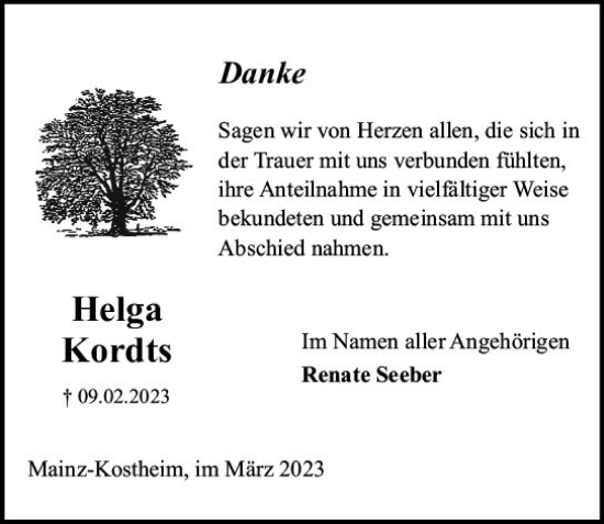 Traueranzeige von Helga Kordts von Allgemeine Zeitung Mainz