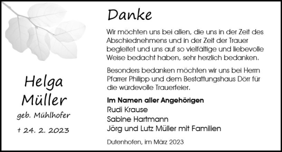 Traueranzeige von Helga Müller von Wetzlarer Neue Zeitung
