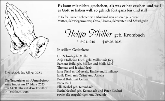 Traueranzeige von Helga Müller von Wetzlarer Neue Zeitung
