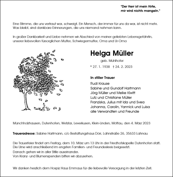 Traueranzeige von Helga Müller von Wetzlarer Neue Zeitung