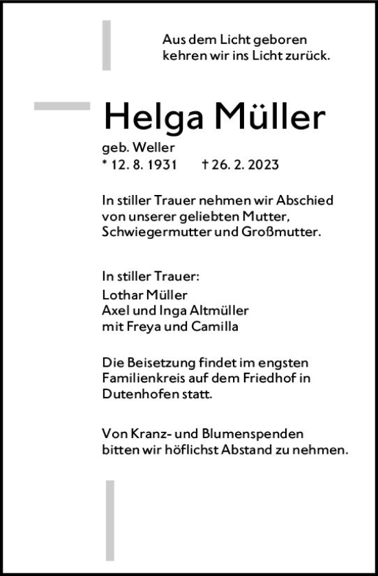 Traueranzeige von Helga Müller von Wetzlarer Neue Zeitung
