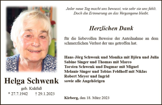 Traueranzeige von Helga Schwenk von Nassauische Neue Presse