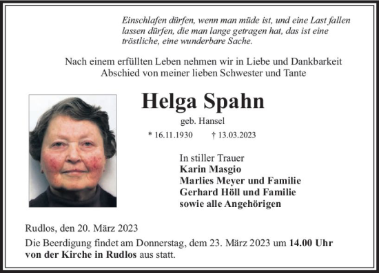 Traueranzeige von Helga Spahn von VRM Trauer
