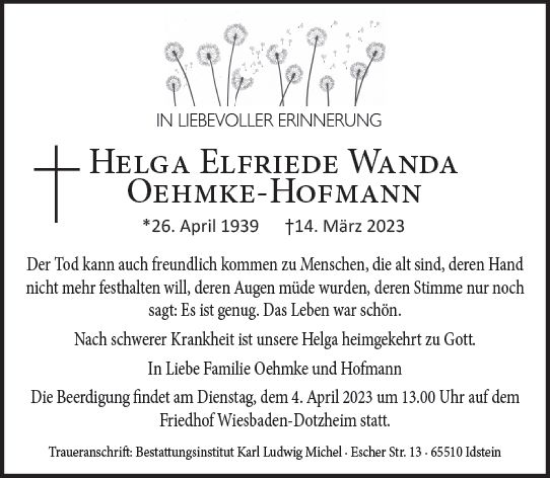 Traueranzeige von Helga Elfriede Wanda Oehmke-Hofmann von Wiesbadener Kurier