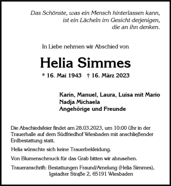 Traueranzeige von Helia Simmes von Wiesbadener Kurier