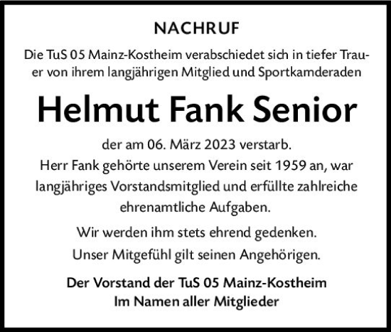 Traueranzeige von Helmut Fank von Allgemeine Zeitung Mainz