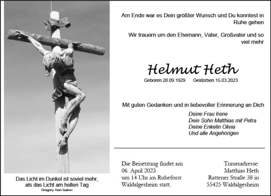 Traueranzeige von Helmut Heth von Allgemeine Zeitung Bingen/Ingelheim