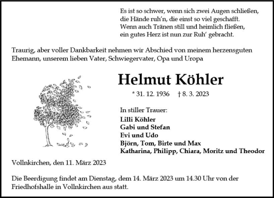 Traueranzeige von Helmut Köhler von Wetzlarer Neue Zeitung