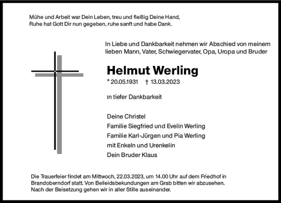 Traueranzeige von Helmut Werling von Wetzlarer Neue Zeitung