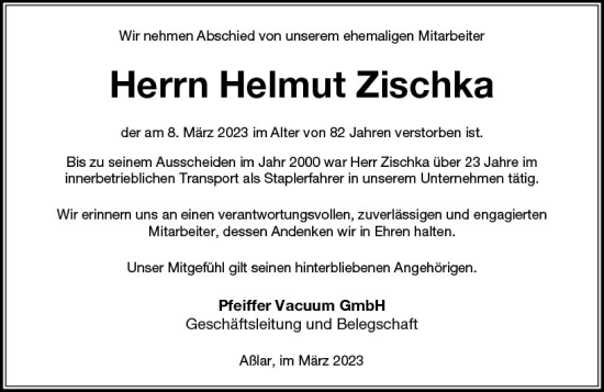 Traueranzeige von Helmut Zischka von Wetzlarer Neue Zeitung