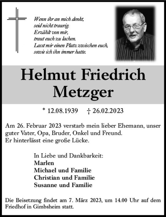 Traueranzeige von Helmut Friedrich Metzger von Wormser Zeitung