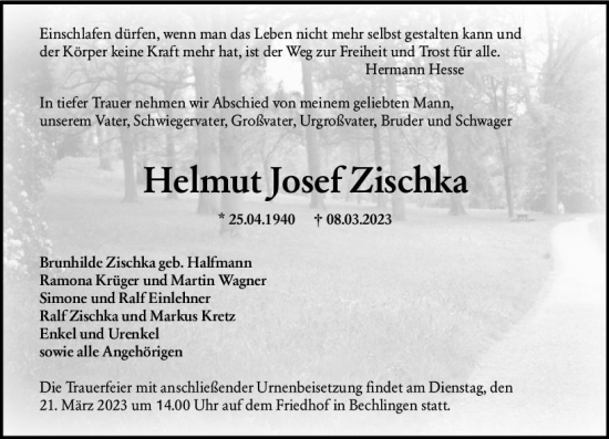Traueranzeige von Helmut Josef Zischka von Wetzlarer Neue Zeitung