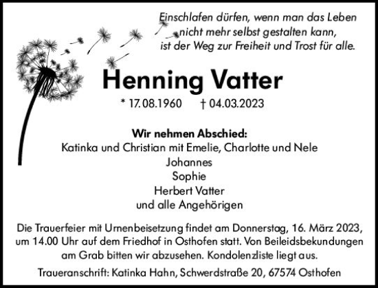 Traueranzeige von Henning Vatter von Wormser Zeitung