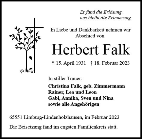 Traueranzeige von Herbert Falk von Nassauische Neue Presse