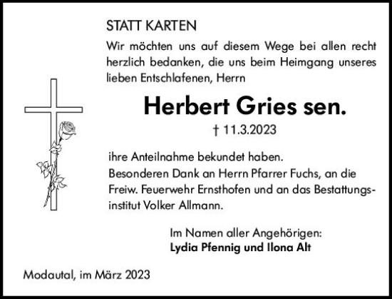 Traueranzeige von Herbert Gries von Darmstädter Echo