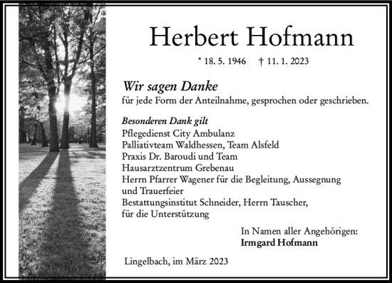 Traueranzeige von Herbert Hofmann von VRM Trauer