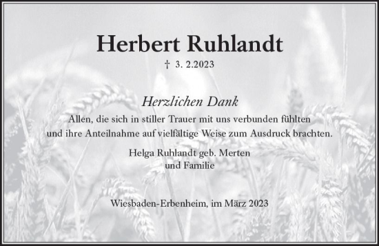 Traueranzeige von Herbert Ruhlandt von Wiesbadener Kurier
