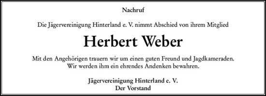 Traueranzeige von Herbert Weber von Hinterländer Anzeiger
