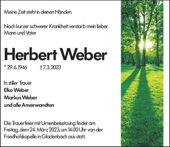 Traueranzeige von Herbert Weber von Hinterländer Anzeiger