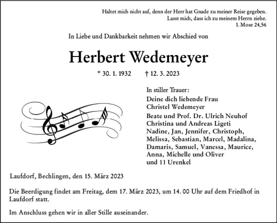 Traueranzeige von Herbert Wedemeyer von Wetzlarer Neue Zeitung