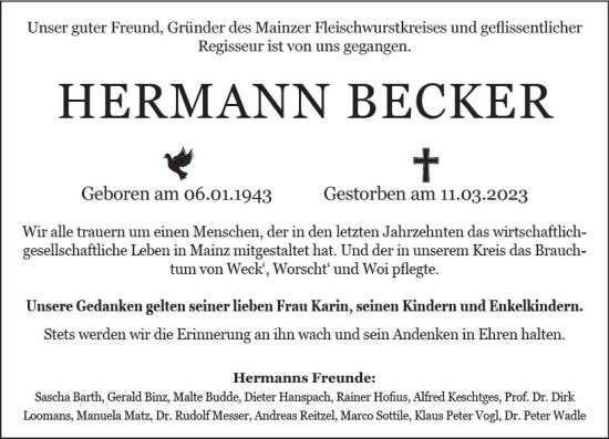 Traueranzeige von Hermann Becker von Allgemeine Zeitung Mainz