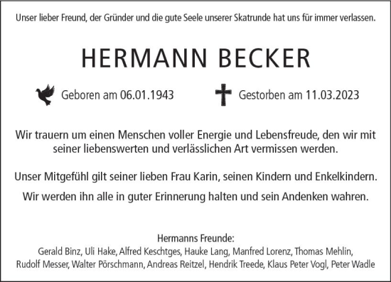 Traueranzeige von Hermann Becker von Allgemeine Zeitung Mainz