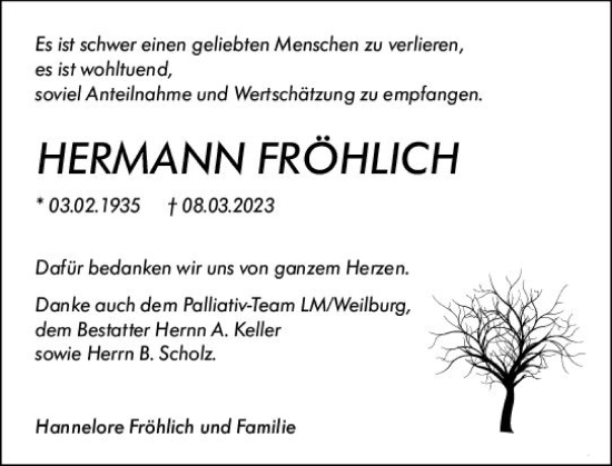 Traueranzeige von Hermann Fröhlich von Weilburger Tageblatt