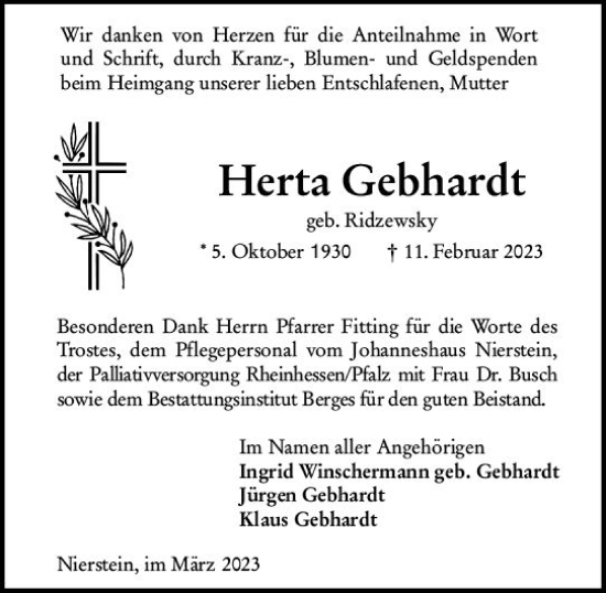 Traueranzeige von Herta Gebhardt von Allgemeine Zeitung Mainz