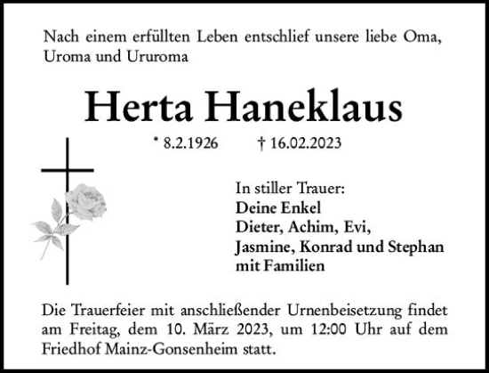 Traueranzeige von Herta Haneklaus von Allgemeine Zeitung Mainz