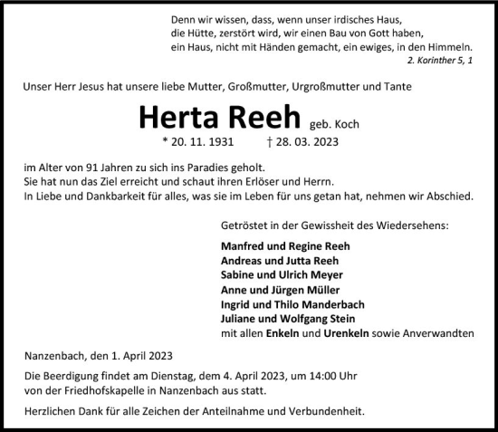 Traueranzeige von Herta Reeh von Dill Block