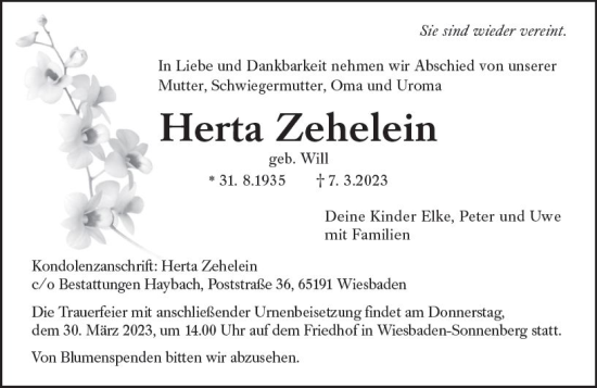 Traueranzeige von Herta Zehelein von Wiesbadener Kurier