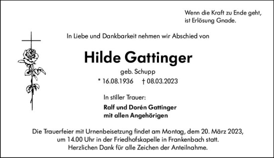 Traueranzeige von Hilde Gattinger von Wetzlarer Neue Zeitung