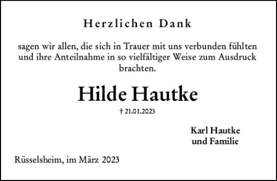 Traueranzeige von Hilde Hautke von Rüsselsheimer Echo