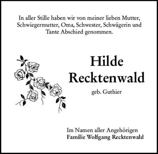 Traueranzeige von Hilde Recktenwald von Starkenburger Echo
