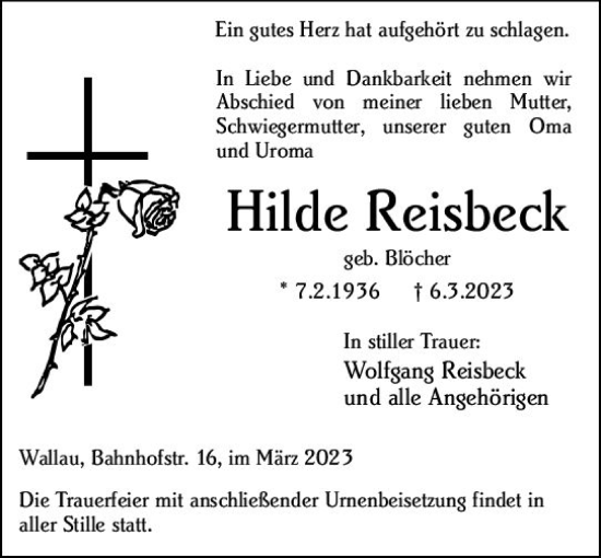 Traueranzeige von Hilde Reisbeck von Hinterländer Anzeiger