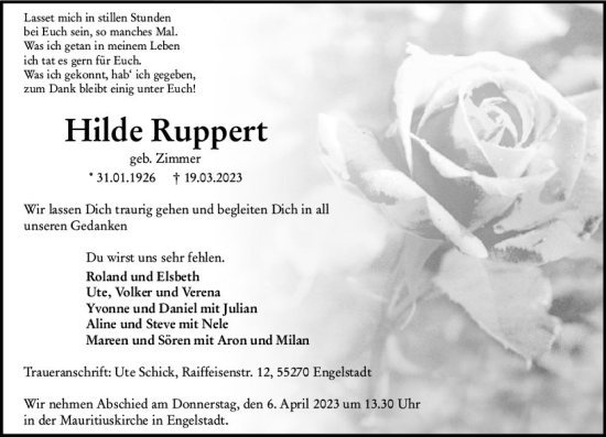Traueranzeige von Hilde Ruppert von Allgemeine Zeitung Bingen/Ingelheim